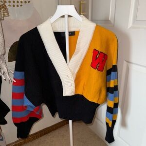 Colorblock V-Neck Women's Sweater with W Patch - Yellow & Black